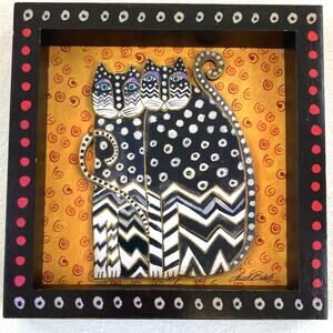 Laurel Burch Zig Zag Cat Wall Art Wooden Frame  8x8x1